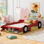Bellemave Full Size Race Car Bed for Kids,Wood Car-Shaped Platform Bed with Storage Shelves,Car Bed Full with Wheels for Boys,Girls,(Full,Red)