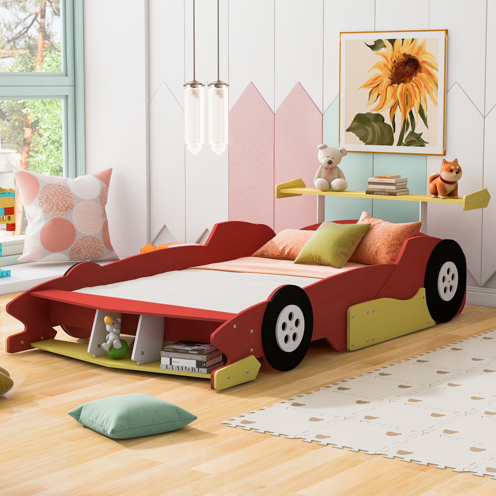 Lit de course taille réelle Bellemave pour enfants, lit plateforme en forme de voiture en bois avec étagères de rangement, lit voiture complet avec roues pour garçons, filles, (taille réelle, rouge)