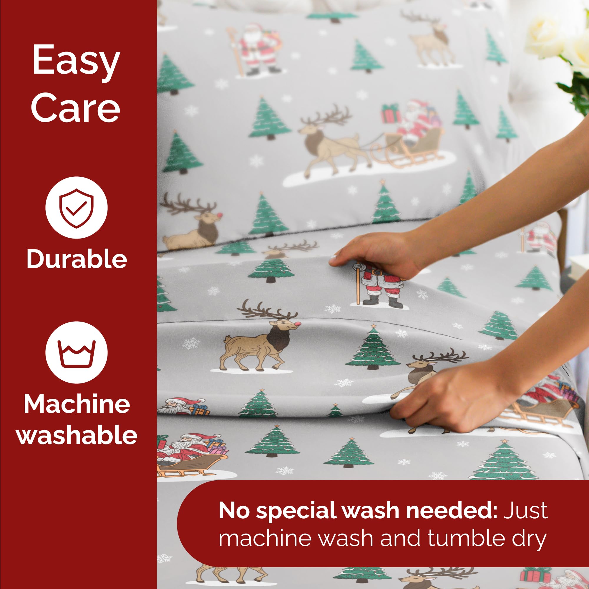 Komplet pościeli King Christmas Tree - Świąteczny wzór Xmas na lnie - Głębokie kieszenie - Dopasowany krój - 4 części - Bez zagnieceń - Wygodna i chłodząca świąteczna pościel zimowa - Łatwa w pielęgnacji - Przyjazna dzieciom