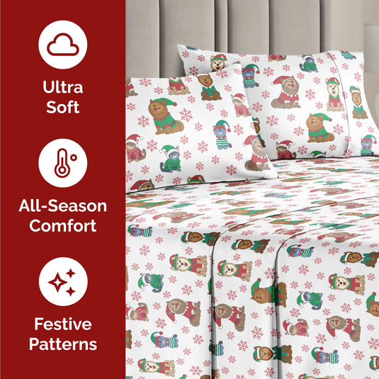 Queen Christmas Tree Sheet Set - Holiday Xmas Pattern Linen Set - Deep Pockets - Snug Fit - 4 Piece - Wrinkle Free - Comfy & Cooling Festive Winter Bedding - Easy To Care For - Kid Friendly