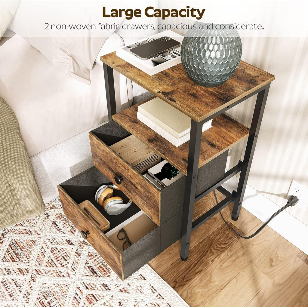 Nightstand Set 2, End Tables with Charging Station, Side Table with 2 Non-Woven Drawers, Bed Side Coffee Table for Small Spaces, Sofa, Dormitory, Living Room ET02L2BR