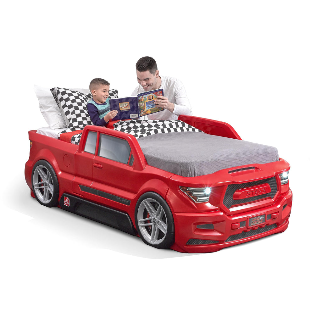 Step2 Turbocharged Twin Size Truck Car Bed, Car Bed for Boys & Girls, Working Headlights & Built-In Storage, Made of Durable Plastic, For Toddlers 3+ Years Old, Vibrant Red