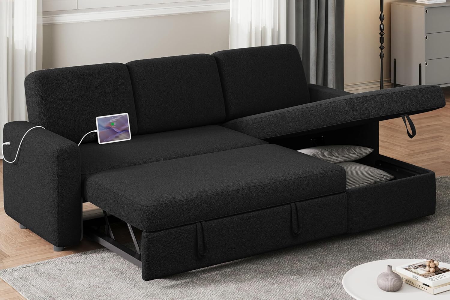 Yaheetech Sectional Sofa L-Shaped Sofa Couch Bed w/Chaise & USB, Reversible Couch Sleeper w/Pull Out Bed & Storage Space Living Room Black