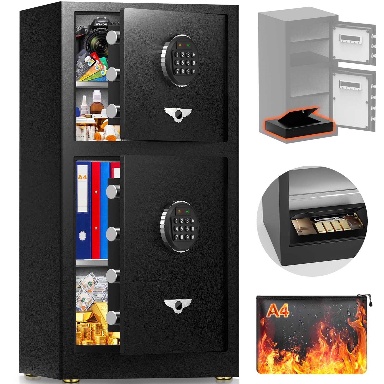 8.3Cuft Heavy Duty Safe Box, Extra Large Home Safe With Fireproof Waterproof Bag, Double DOOR, HIDDEN LOCK BOX, Smart Alert, Anti-Theft Digital Security Document Safes Box For Money Business Office