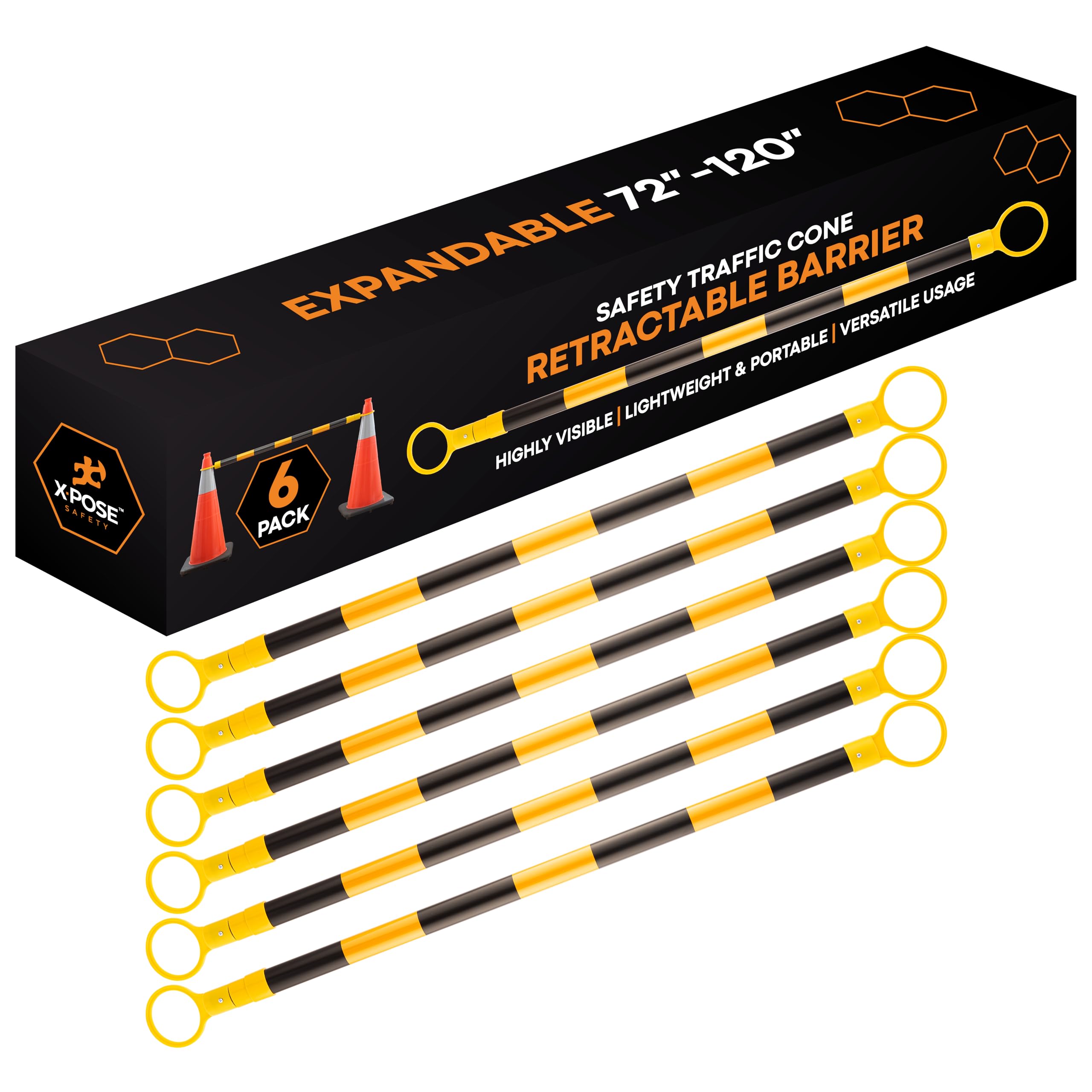 Retractable Barrier for Safety Traffic Cones - 2" OD - Large Yellow and Black Bar Barricade - for Road Construction, Parking, Warning, Temporary Security Divider (40, Orange & White, 72" x 120")