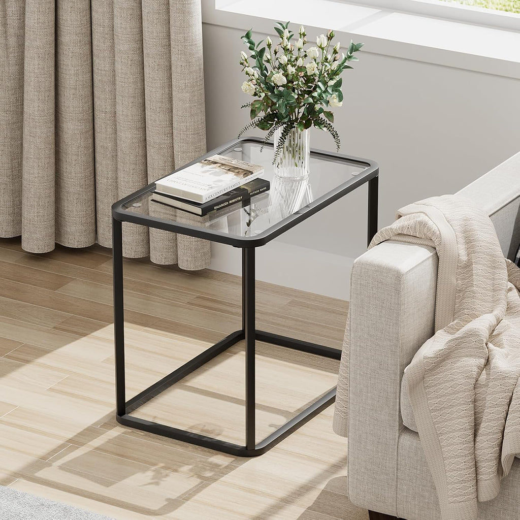 Garden 4 you Glass Side Table, Rectangle End Table with Metal Frame, Modern Bedside Table for Office, Bedroom, Living Room, Study, Small Spaces,Easy Assembly,23.6x15.7x20.8 Inches,Black