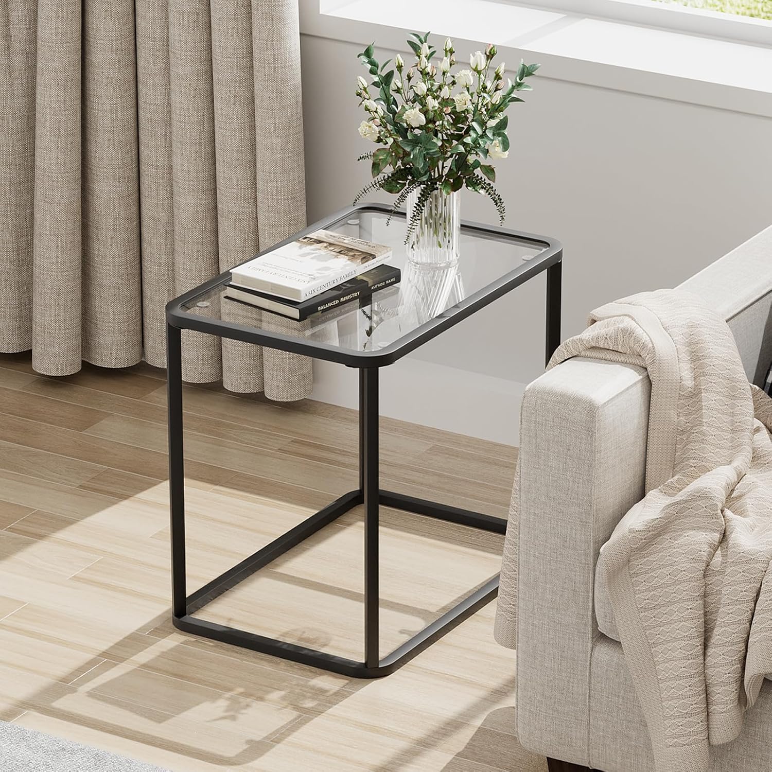 Garden 4 you Glass Side Table, Rectangle End Table with Metal Frame, Modern Bedside Table for Office, Bedroom, Living Room, Study, Small Spaces,Easy Assembly,23.6x15.7x20.8 Inches,Black