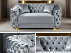 THSUPER 89'' Luxury Velvet Chesterfield Couch, 3 Seater Vintage Button Tufted Victorian Sofa with Wide Armrest, Grey Modern Sofas with 2 Pillows and Gold Metal Legs for Living Room,Office, Hotel