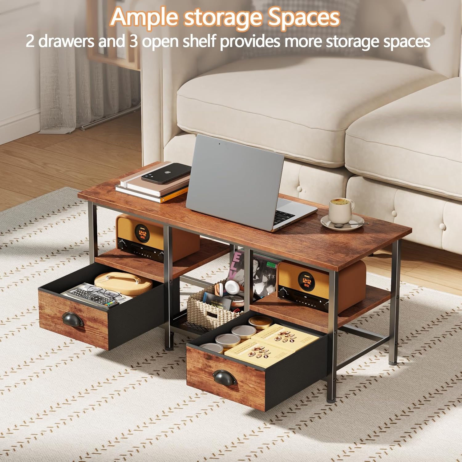 Furologee Coffee Table with 2 Fabric Drawers, 35inch Small Coffee Table for Living Room, 2-Tier Central Table with Storage Shelves for Home Office, Rustic Brown
