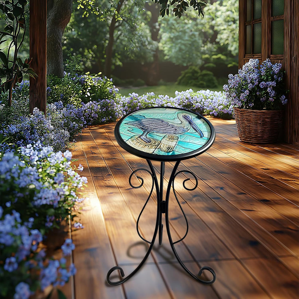 HONGLAND Outdoor Side Table, Small Outdoor Table, 12" Round Patio Side Table End Table, Glass Plant Stand, Small Bistro Coffee Table for Garden Patio Porch Living Room (Pelican)