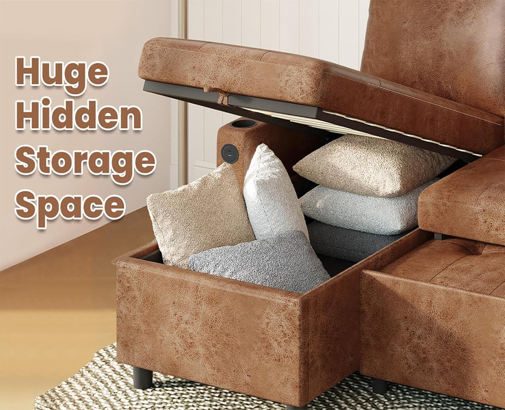 Leather Sleeper Sofa Couch with Pullout Bed, 83.5'' Sofa Bed Pull Out Couch with Reversible Storage Chaise, Sectional Couches with USB Charging Ports&Cup Holders for Living Room, Brown