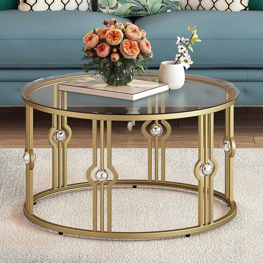 OIOG Glass Coffee Table for Living Room, Gold Coffee Table with Tempered Glass, Round Coffee Table for Office