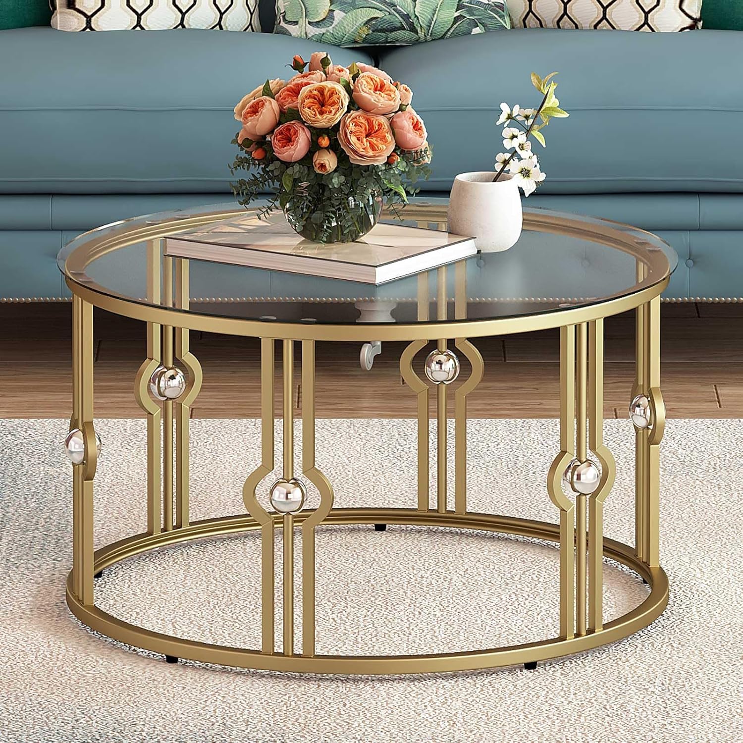 OIOG Glass Coffee Table for Living Room, Gold Coffee Table with Tempered Glass, Round Coffee Table for Office