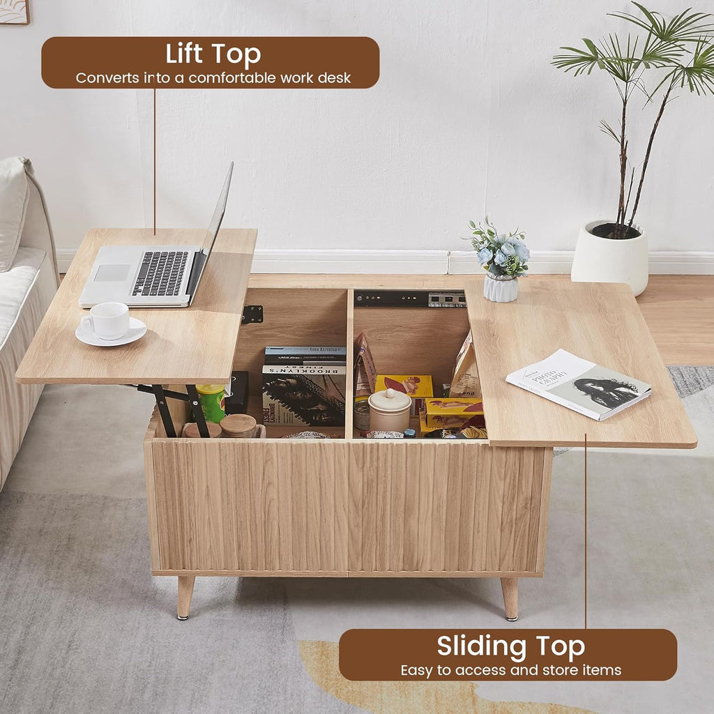 Square Coffee Table for Living Room, 35” Lift Top Coffee Table with Storage, Fluted Coffee Tables with Lifting Top, Mid Century Modern Center Tea Table for Home Office, Studio, Natural Oak