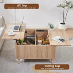 Square Coffee Table for Living Room, 35” Lift Top Coffee Table with Storage, Fluted Coffee Tables with Lifting Top, Mid Century Modern Center Tea Table for Home Office, Studio, Natural Oak