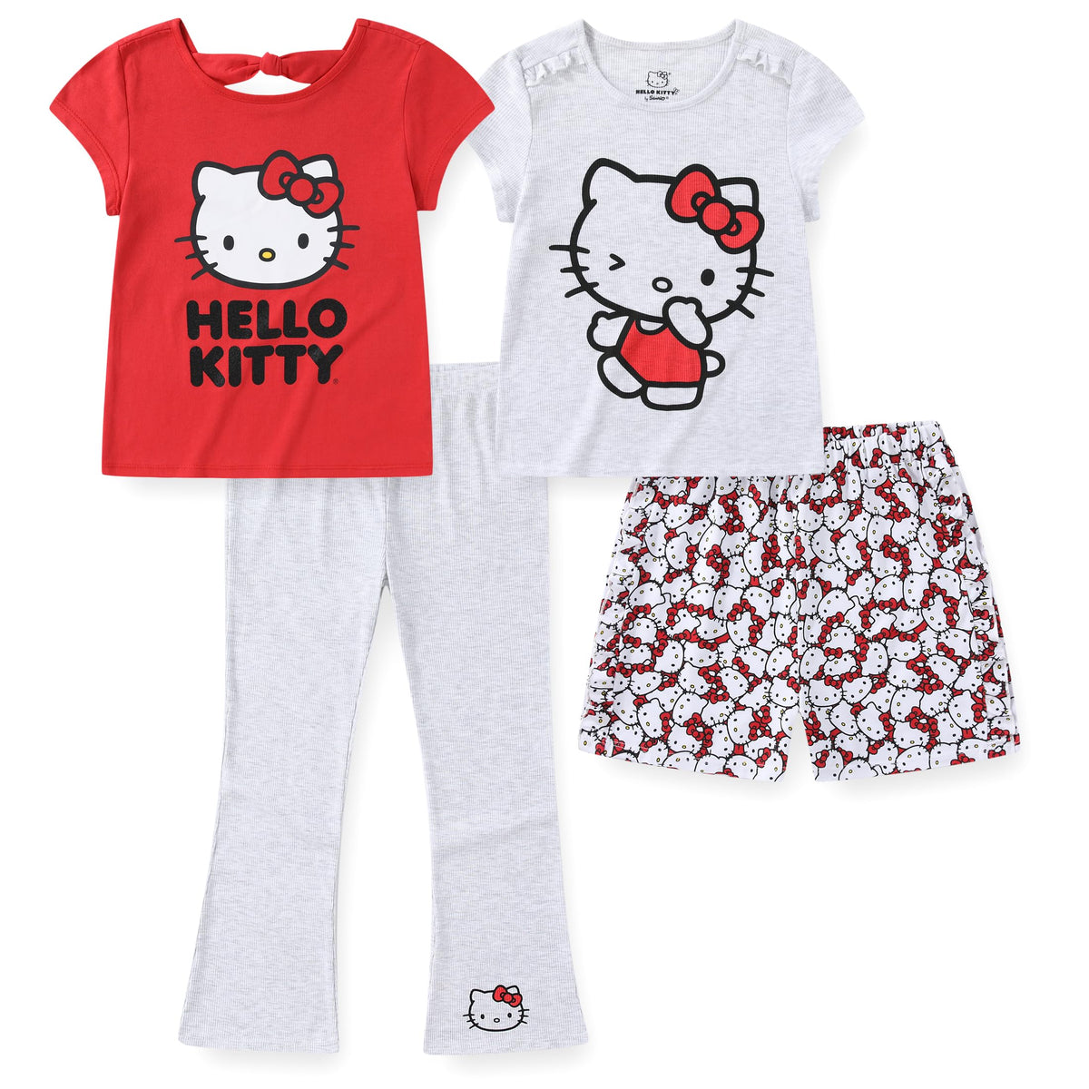 Hello Kitty Sanrio Girls 4 Pack Mix and Match 2 Short Sleeve T-Shirts, Short, and Flared Pants Set for Big Kids