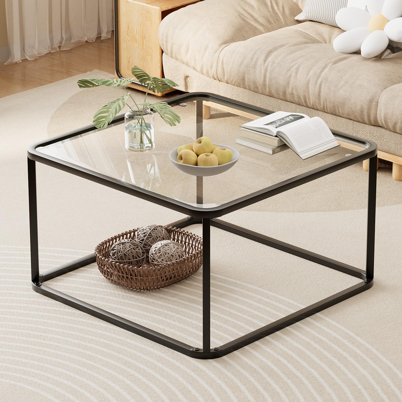Coffee Table Glass, Minimalist Square Tables for Living Room, Modern Center Table for Office or Small Space, Tempered Glass, Sturdy Metal Frame, Easy Assembly, 26.4 x 26.4 x 15.7 Inches, Gold