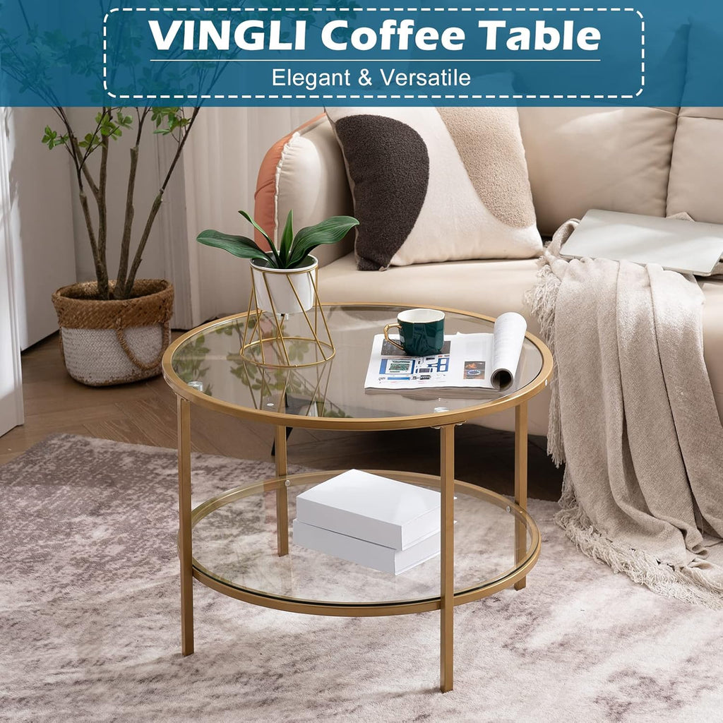 VINGLI 25.6" Round Gold Coffee Tables for Living Room, 2-Tier Glass Top Coffee Table with Storage Clear Coffee, Simple & Modern Center Table for Small Space