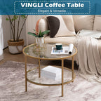 VINGLI 25.6" Round Gold Coffee Tables for Living Room, 2-Tier Glass Top Coffee Table with Storage Clear Coffee, Simple & Modern Center Table for Small Space
