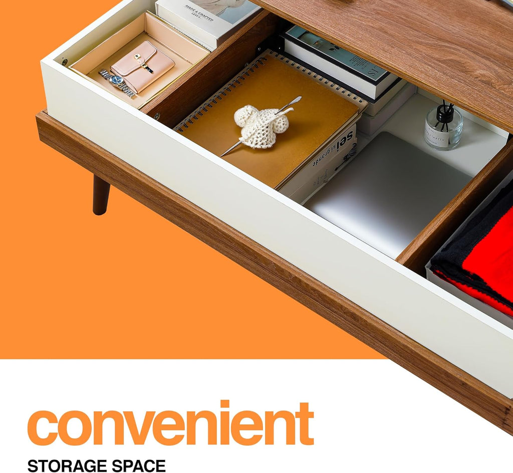 Houseables Lift Up Coffee Table, Pull Up Coffee Table, Lift Top Desk, Pull Out Tabletop, Rising, Modern Living Room Desk with Storage, to Eat, Fold Out, Adjustable, Raising, Liftup, White, Brown Wood