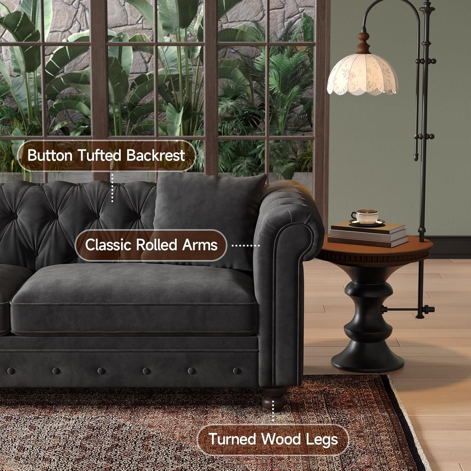 82 Inch Chesterfield Sofa, 23 Inch Deep Seat Velvet Couch for Living Room, Button Tufted Couch with Rolled Arms, 2 Throw Pillows, Comfy Vintage Loveseat Sofa for Apartment, Black