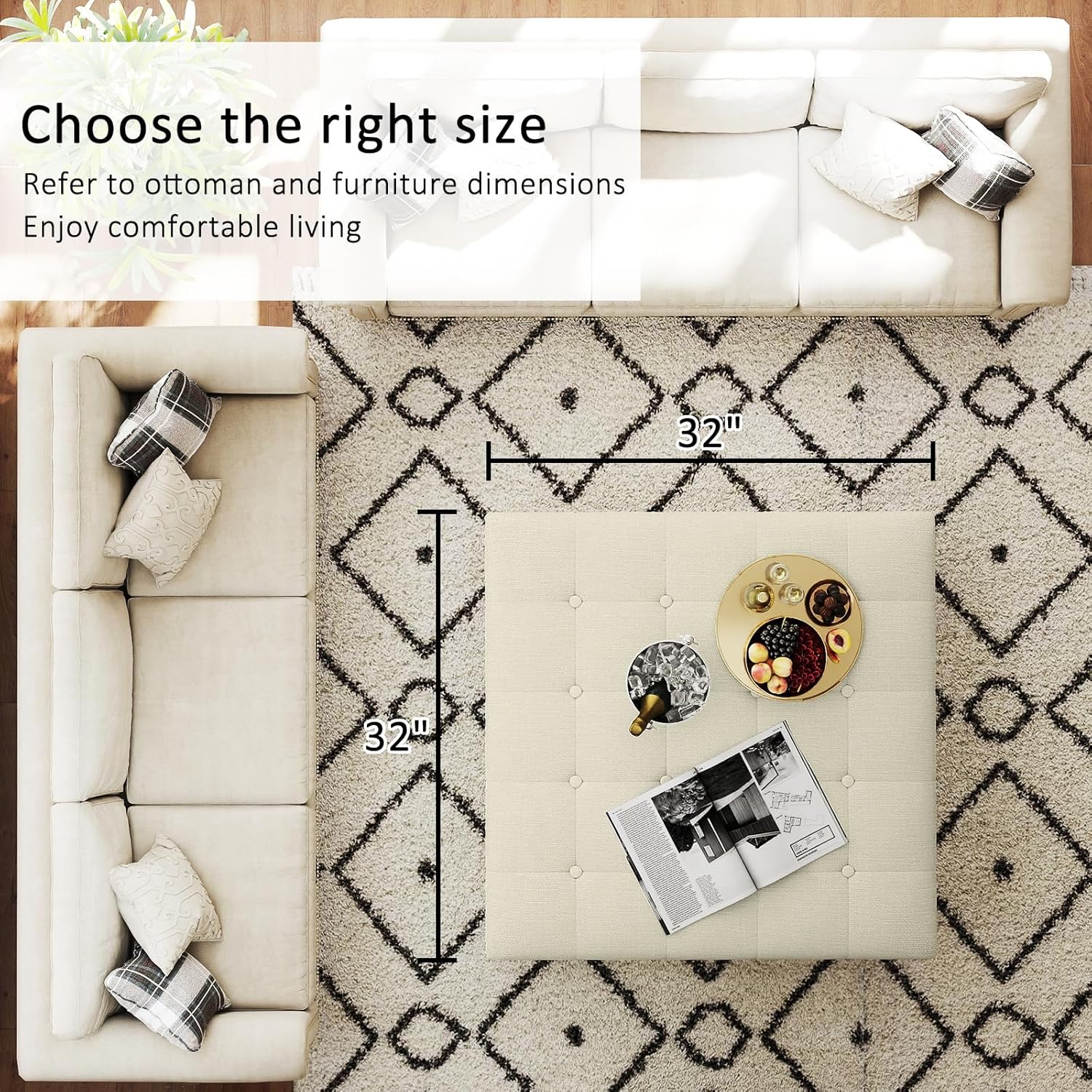 Large Square Ottoman Coffee Table, Linen Solid Upholstered Footrest Ottoman with Solid Wood Shelf Storage Tufted Coffee Table for Bedroom Living Room-Ivory