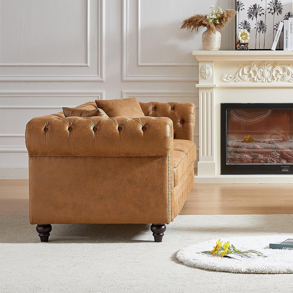 Modern Chesterfield Sofa Couch, 85.5-inch Tech Fabric 3-Seater Sofa with Rolled Arms and Tufted Button for Living Room, Office, Brown