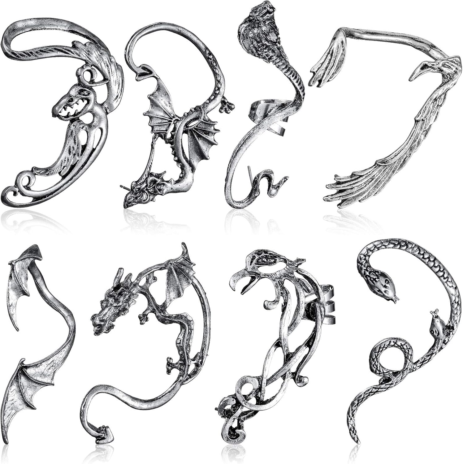 8 Pcs Punk Earrings Dragon Ear Cuff Vintage Retro Snake Bat Crow Ear Climber Earrings Gothic Ear Clip Wrap for Women Men Party Dress