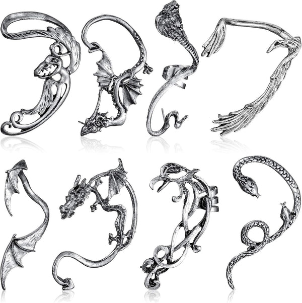 8 Pcs Punk Earrings Dragon Ear Cuff Vintage Retro Snake Bat Crow Ear Climber Earrings Gothic Ear Clip Wrap for Women Men Party Dress