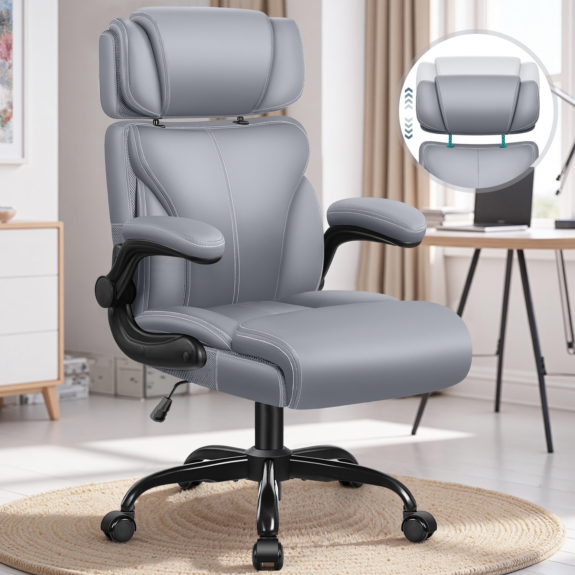 Office Chair, Ergonomic Big and Tall Computer Desk Chairs, Executive Breathable Leather Chair with Adjustable Flip-up Armrests, Lumbar Support Swivel PC Chair with Rocking Function