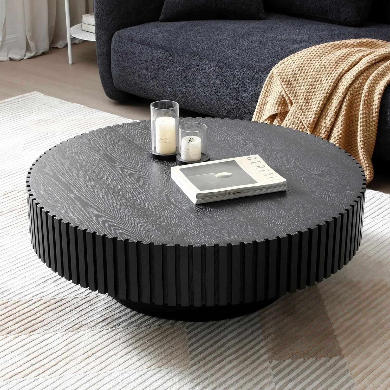 Round Coffee Table for Living Room Contemporary Wood Circle Fluted Coffee Table for Apartment, Easy Assembly ø31.49'', Wood Oak