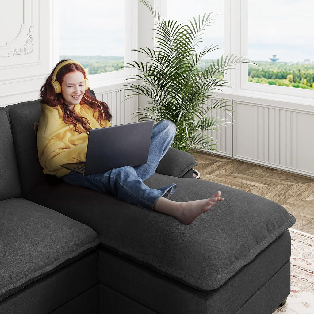 Shintenchi 110" Sectional Sofa Couch, U-Shaped Modular Couches Sleeper with Thick Cushion & Soft Backrest, 4 Seat Sofa Couch with Double Chaise for Living Room,Black