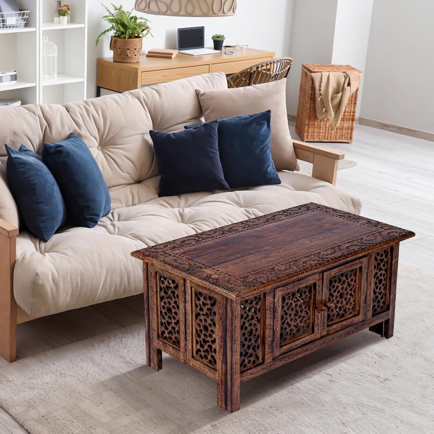 Hand-Carved Wooden Coffee Table – 36” x 18” Rectangular Mango Wood Center Table with Storage, Natural Burnt Finish, Living Room & Accent Table