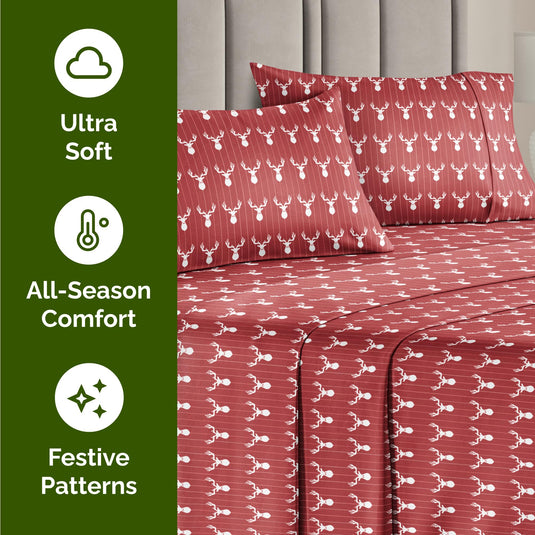 Queen Christmas Tree Sheet Set - Holiday Xmas Pattern Linen Set - Deep Pockets - Snug Fit - 4 Piece - Wrinkle Free - Comfy & Cooling Festive Winter Bedding - Easy To Care For - Kid Friendly