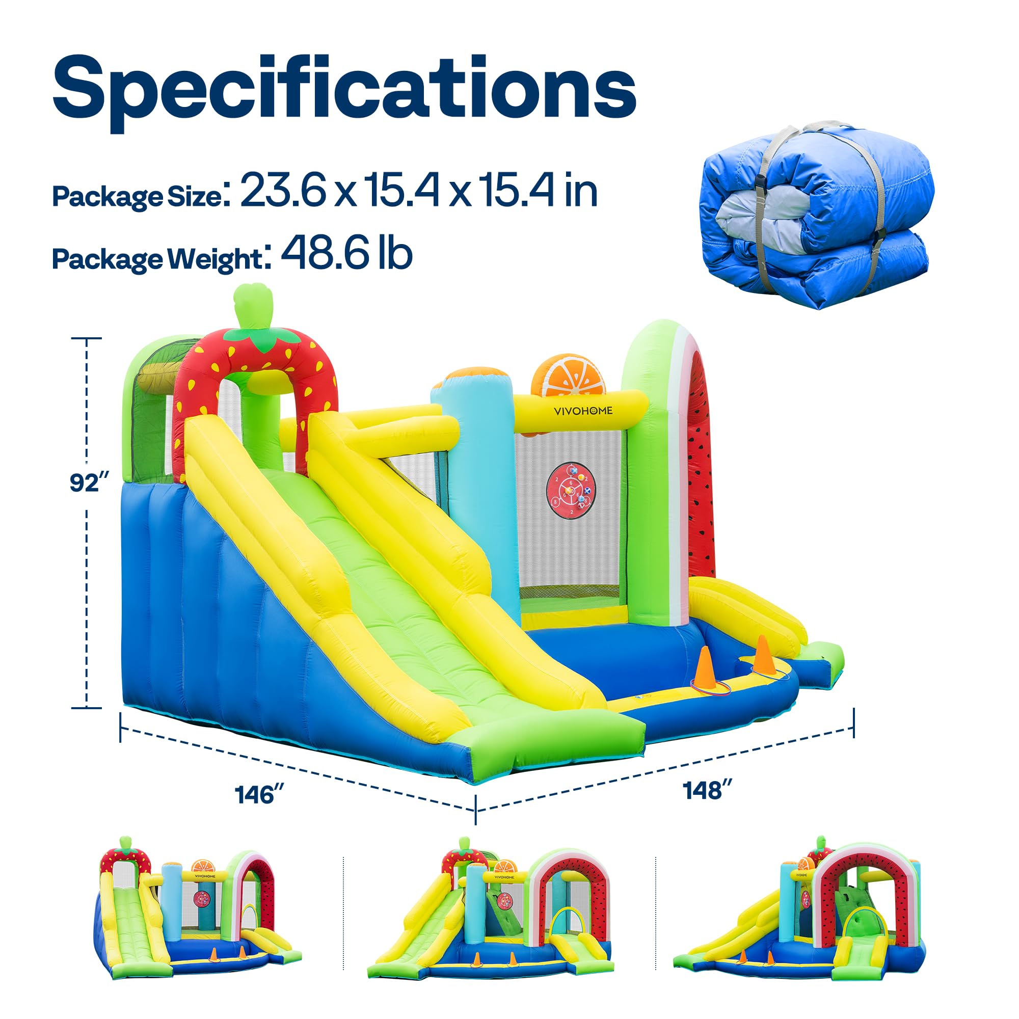 VIVOHOME 7 in 1 Bounce House for Kids, Fruit Theme Inflatable Bouncy Castle with Slide, 12x12 FT Inflated Bouncer for Outdoor with Blower, Basketball, Climb, Jump Area, Ball, Water Pool, Hoop