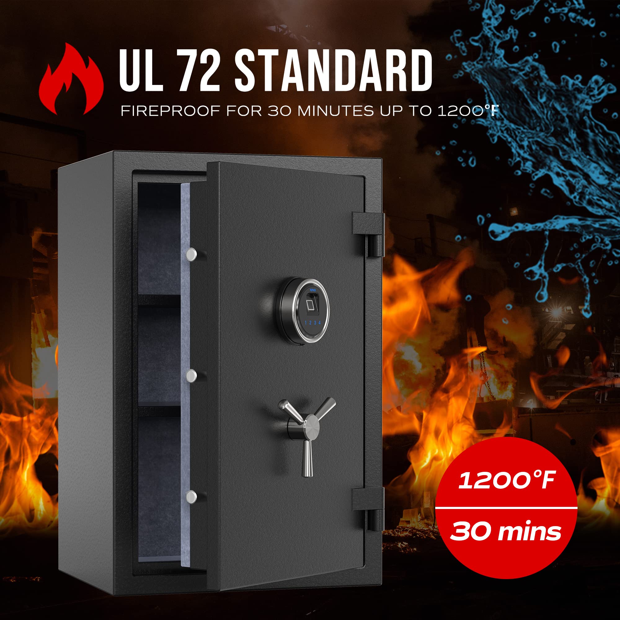 RPNB Biometrisk Fingeraftryk Brandsikker Pengeskab, Digital Brandsikker Pengeskab med 3 Egers Sikker Håndtag, Berøringsskærm og Aftagelig Hylde, Brandsikker Hjem Sikker til Penge Dokumenter Smykker og mere, 2,12 Kubikfod