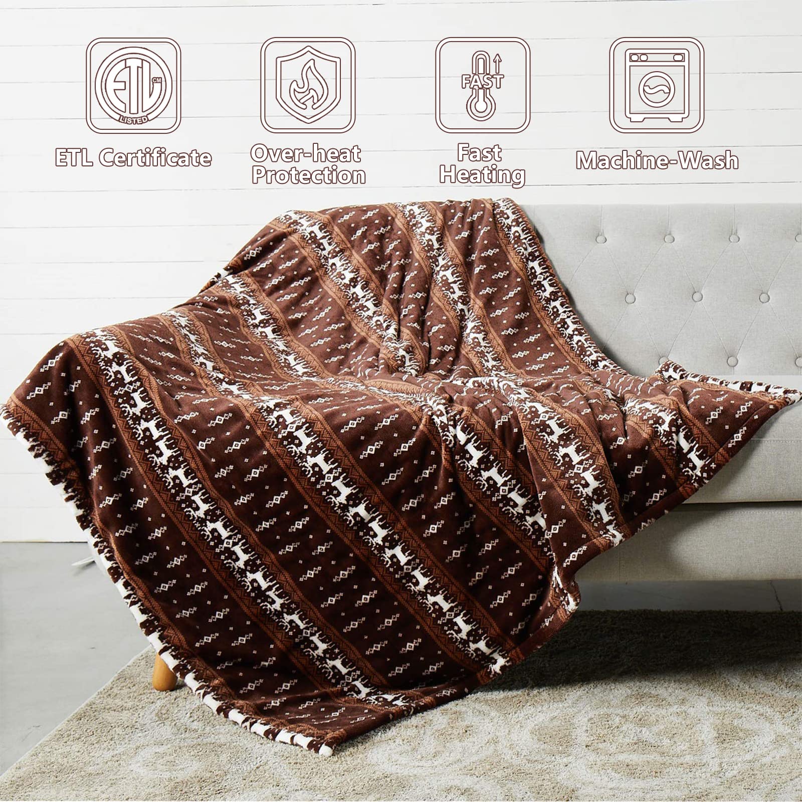 Manta Elétrica Tefici, Super Aconchegante e Macia, Flanela de 2 Camadas 50" x 60", Manta Aquecida com 3 Níveis de Aquecimento e Desligamento Automático em 4 Horas, Lavável na Máquina, Certificada ETL e FCC, Uso Residencial e Escritório, Cor Camelo