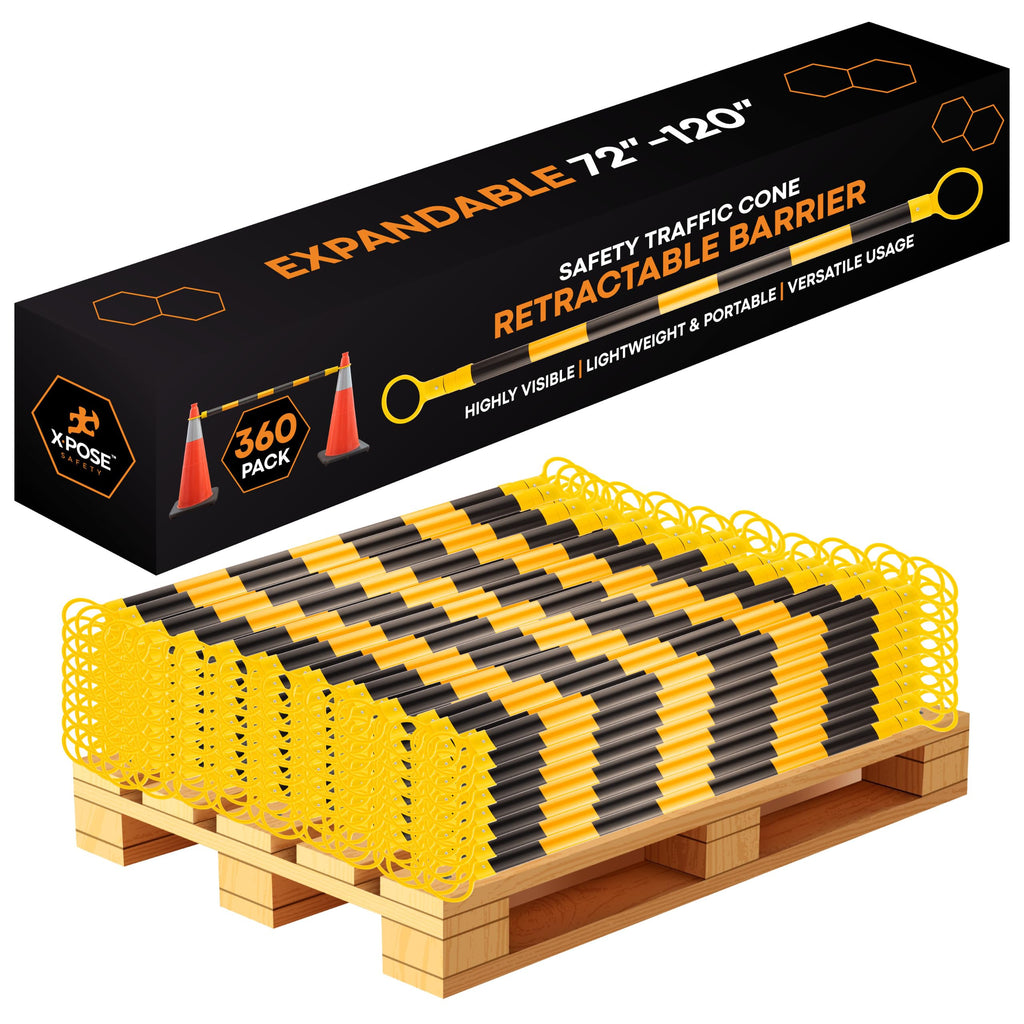 Retractable Barrier for Safety Traffic Cones - 2" OD - Large Yellow and Black Bar Barricade - for Road Construction, Parking, Warning, Temporary Security Divider (40, Orange & White, 72" x 120")