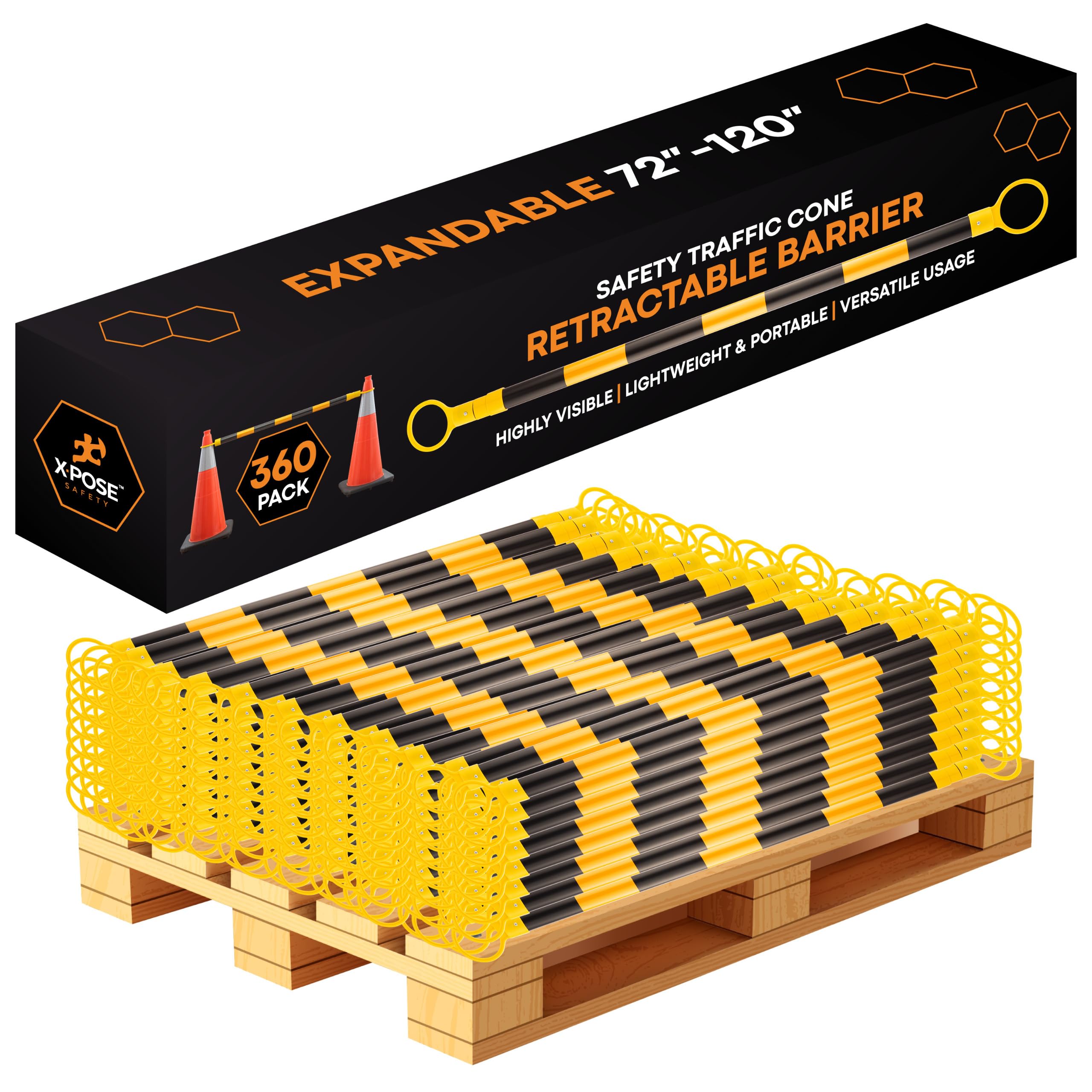 Retractable Barrier for Safety Traffic Cones - 2" OD - Large Yellow and Black Bar Barricade - for Road Construction, Parking, Warning, Temporary Security Divider (40, Orange & White, 72" x 120")