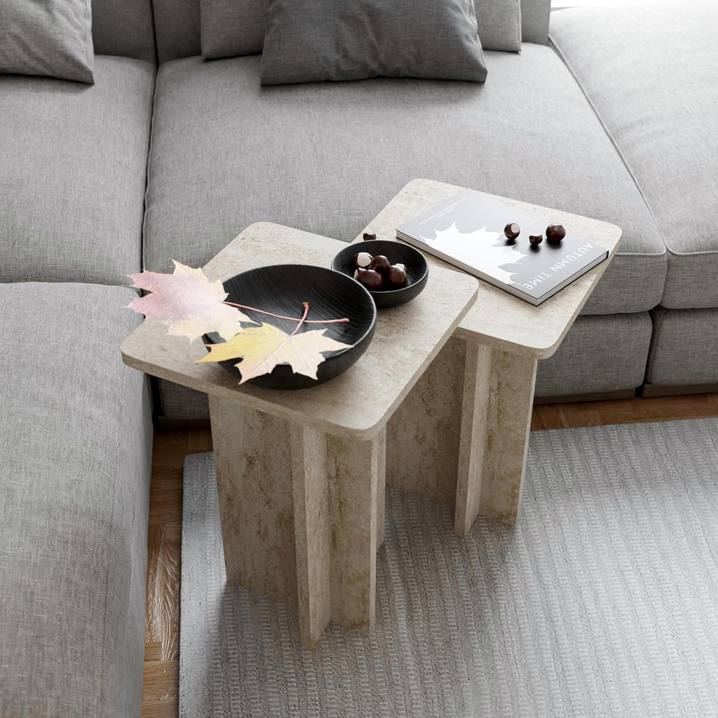 Travertine Efect Square Nesting Table Set of 2 Modern Coffee Table Small Side Table End Table for Living Room