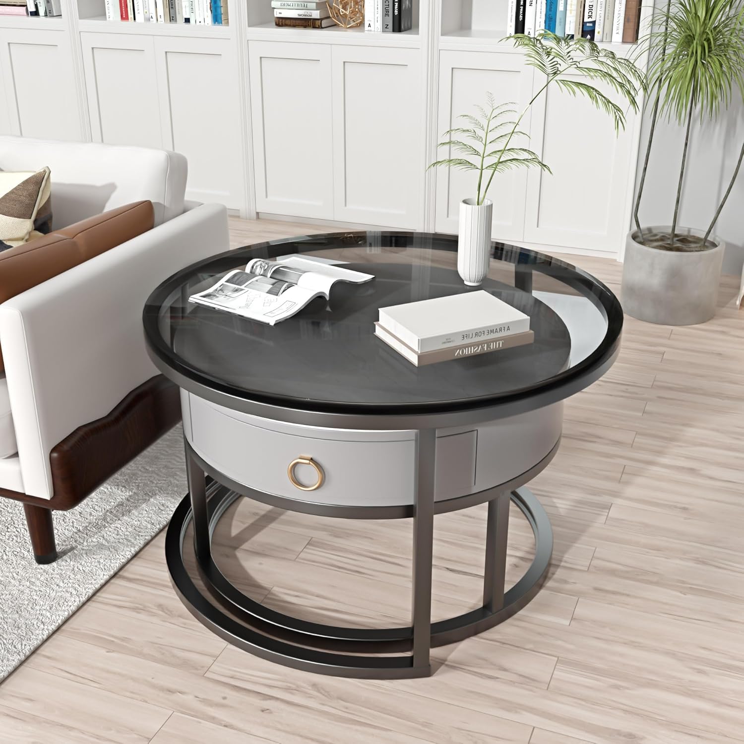 Jerry & Maggie Ø 27.5" Modern Nesting Coffee Table Set of 2, Round Glass Coffee Table & Side Table with Drawer, Tempered Glass & Leather Upholstery, Coffee Tables for Living Room, Small Space Friendly