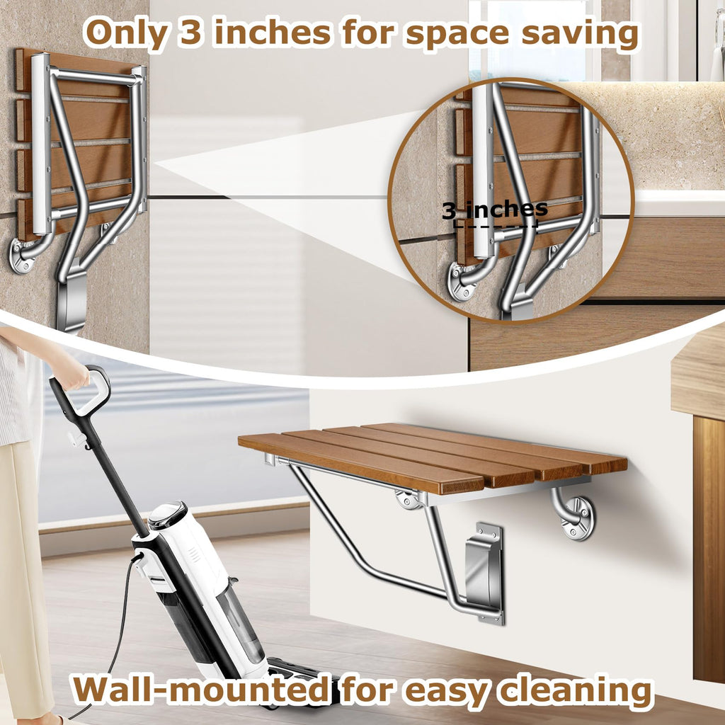 Wall-Mounted Folding Shower Seat 28" with Stainless Steel Bracket, Enhanced Structural Stability, 500 lb Capacity, Space-Saving, Suitable for The Elderly, Disabled, Pregnant Individuals, Children.