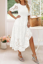 ZESICA Women's 2024 Summer Short Puff Sleeve Crewneck Smocked Floral Lace Flowy A Line Tiered Maxi Dresses,White,Medium