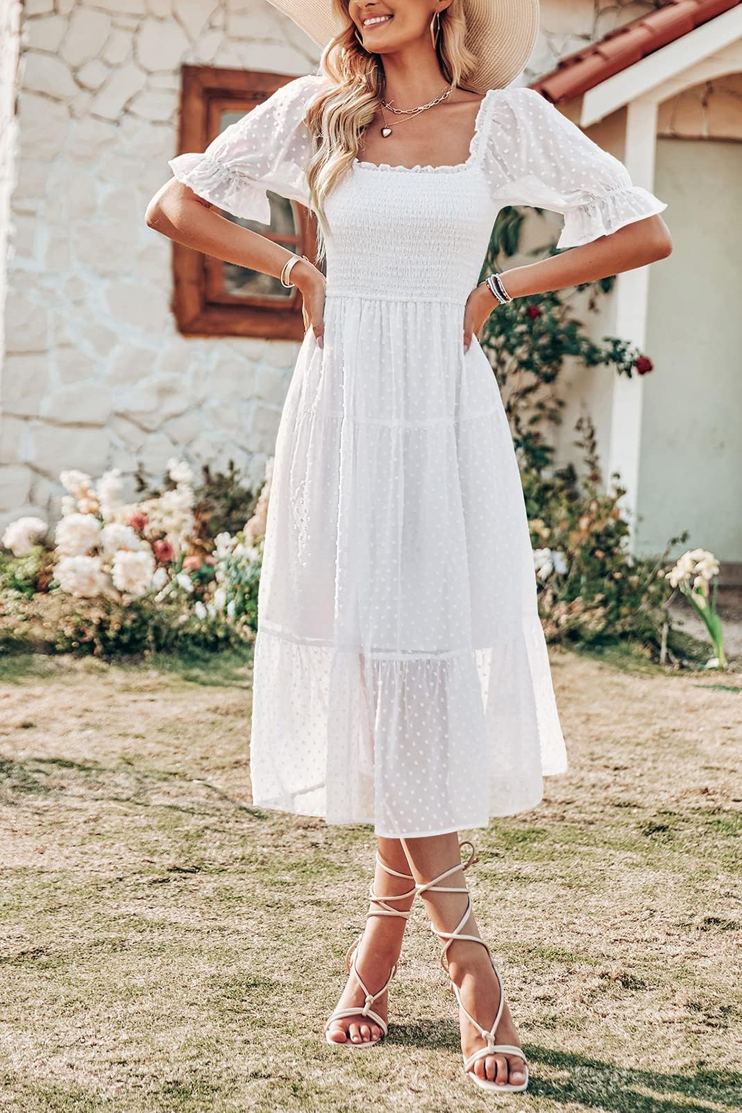 MEROKEETY Women's 2023 White Dress Summer Square Neck Puff Sleeve Boho Grand Goldman MEROKEETY Women's 2023 White Dress Summer Square Neck Puff Sleeve Boho Grand Goldman