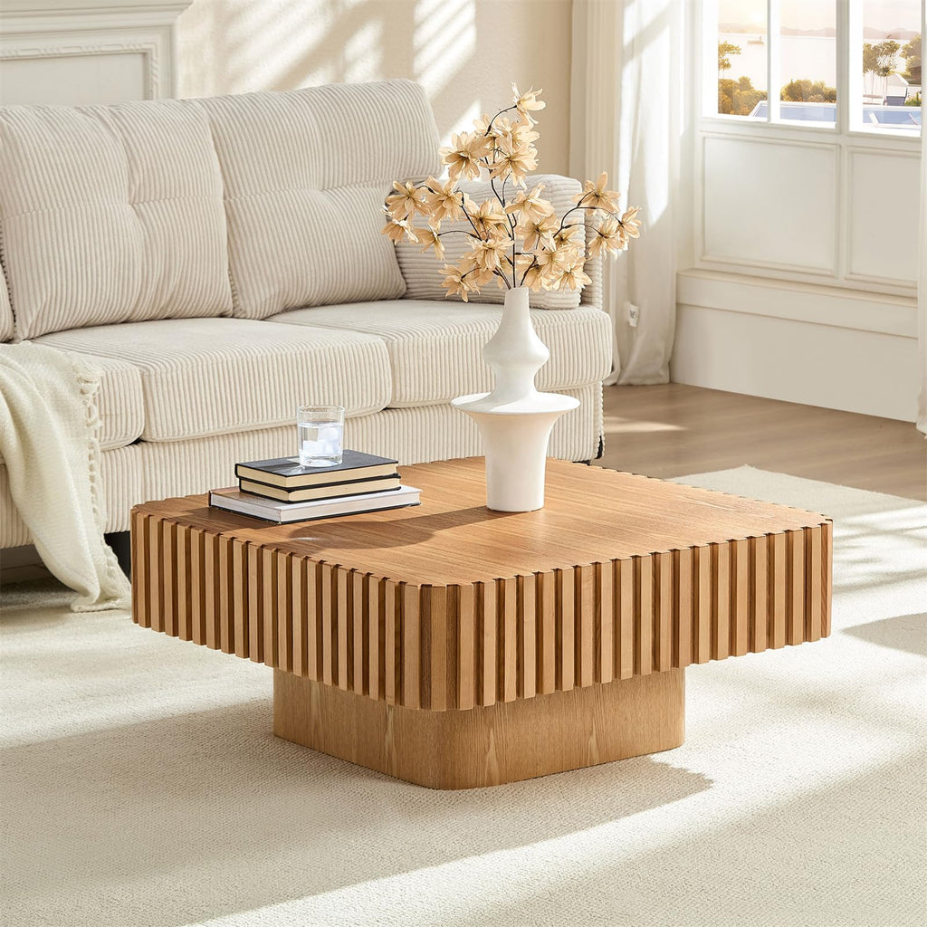 LKTART Round Coffee Table for Living Room, Accent Fluted Drum Coffee Table with Storage, Modern Solid Wood Veneered Circle Center Tea Table for Small Space Apartment (31.5''D×14''H-Natural)