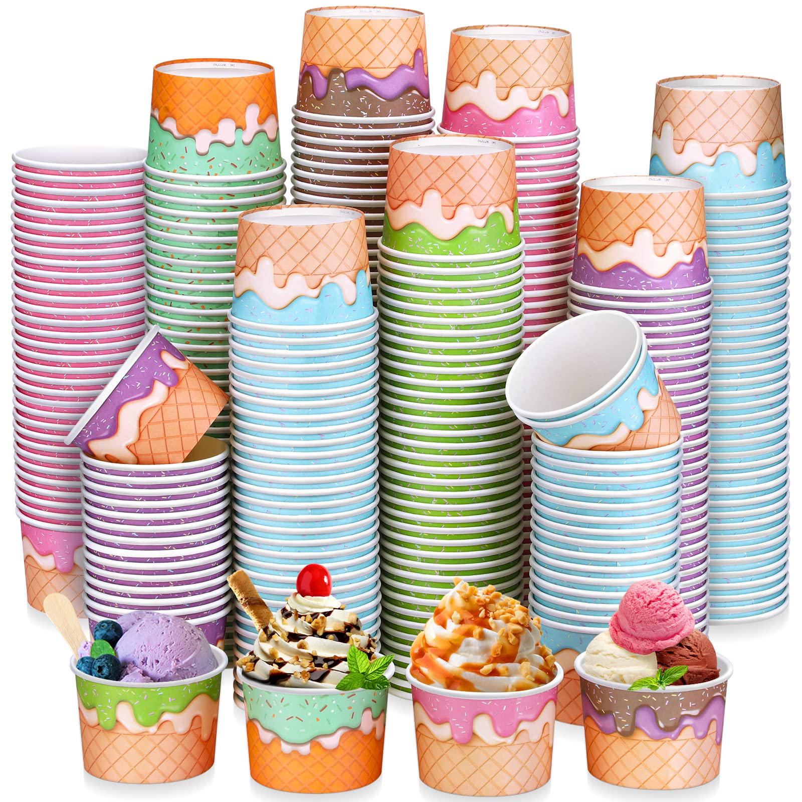 Nuenen 300 Stück 8 oz Papp-Eisbecher Einweg-Eis-Sundae-Schalen Großpackung Sommer-Barbedarf für Sundae-Snack Luau-Party (Eiscreme)