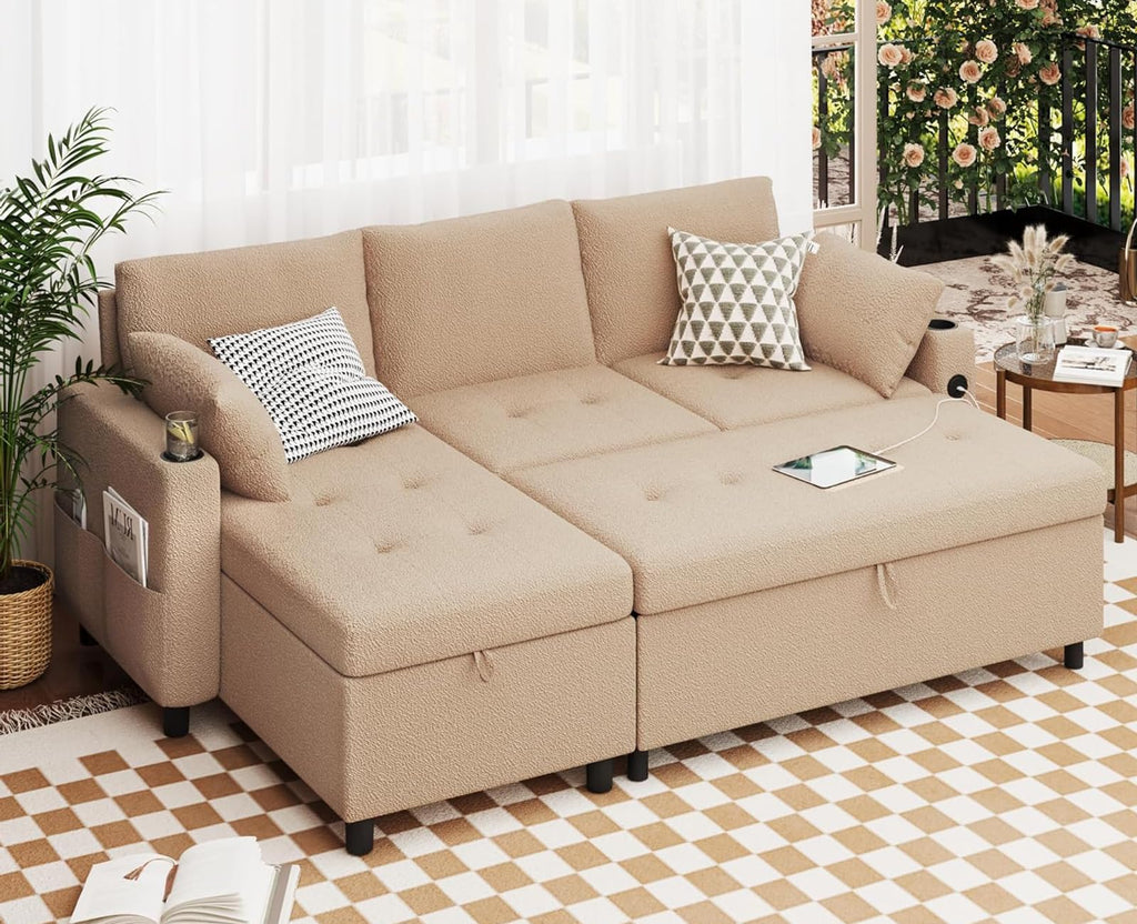 Leather Sleeper Sofa Couch with Pullout Bed, 83.5'' Sofa Bed Pull Out Couch with Reversible Storage Chaise, Sectional Couches with USB Charging Ports&Cup Holders for Living Room, Brown