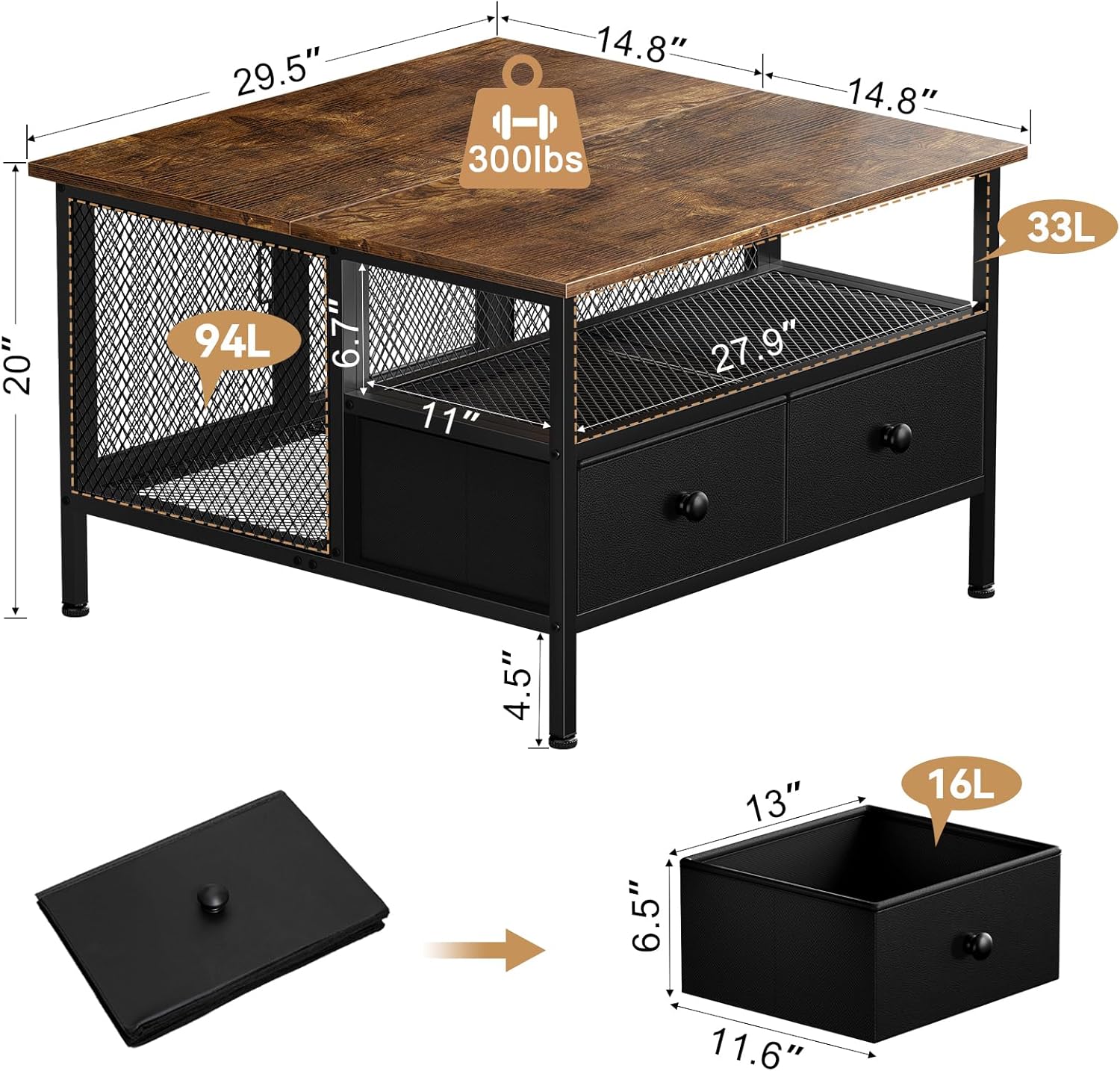 FABATO Flip Top Coffee Table, Square Coffee Tables Metal Wood, Farmhouse Lift Up Coffee Table Cocktail Table with Wire Mesh Barn Door and Storage, Steel Frame, Small Tea Table for Living Room, Black