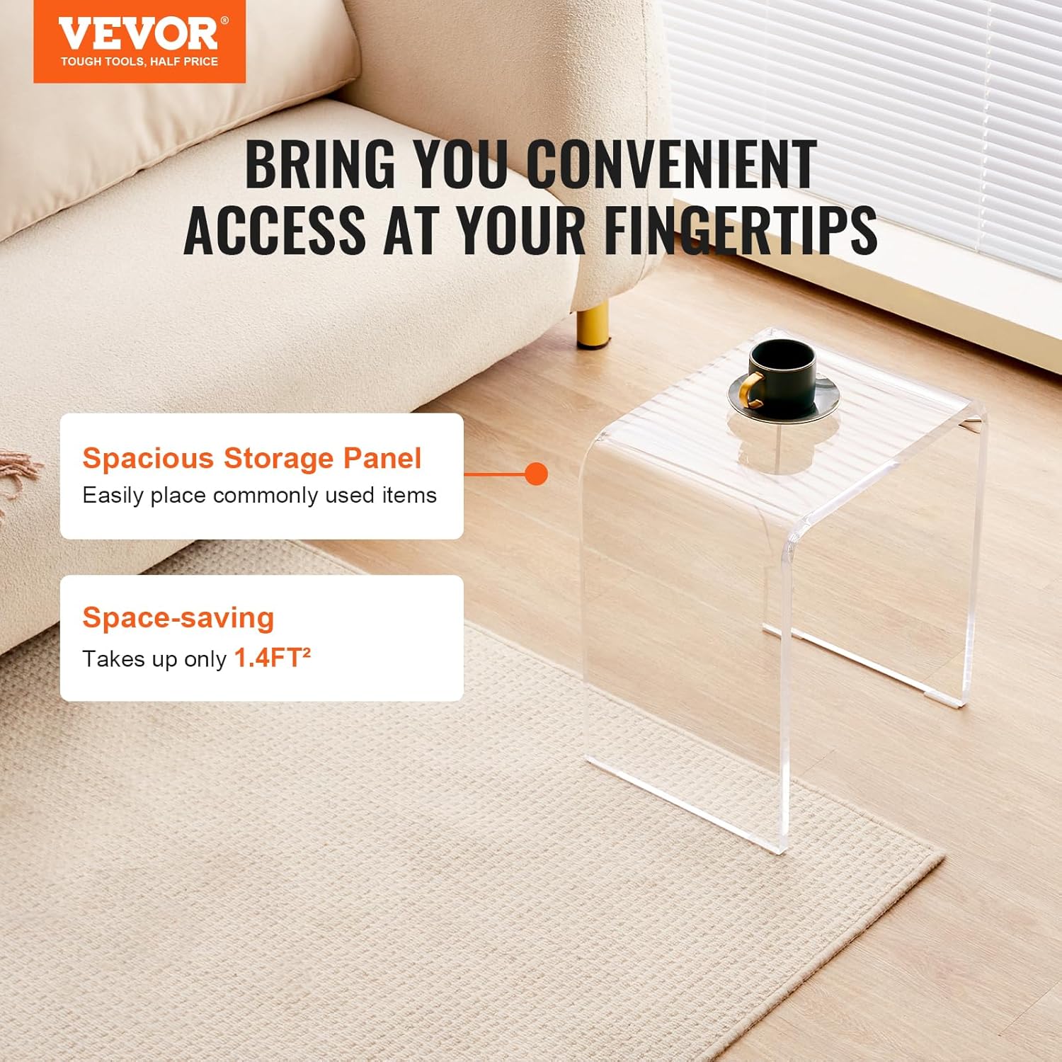 VEVOR Acrylic Side Table, U- Shaped Coffee Table, Clear Acrylic End Table with Waterfall Edges for Drink, Food, Snack Used in Living Room & Bedroom