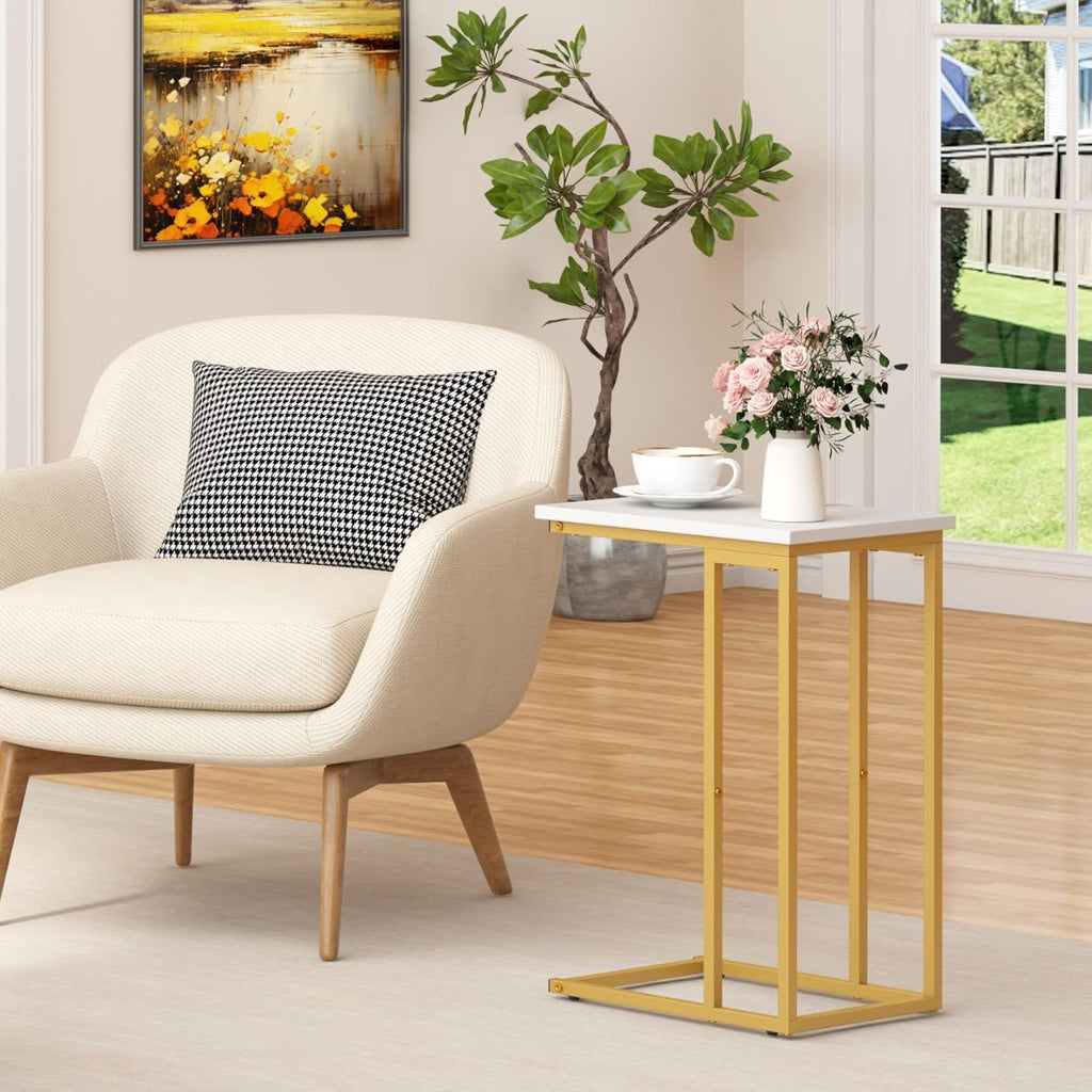 Function Home C Shaped End Table, Small Side Tables for Sofa Bed, Couch Tables That Slide Under, Drink Snack Table for Living Room Bedroom Small Space, White Wood Top and Gold Metal Frame